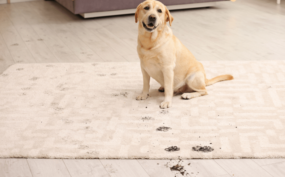 一只金毛猎犬趴在地毯上，上面有一串泥泞的爪印.